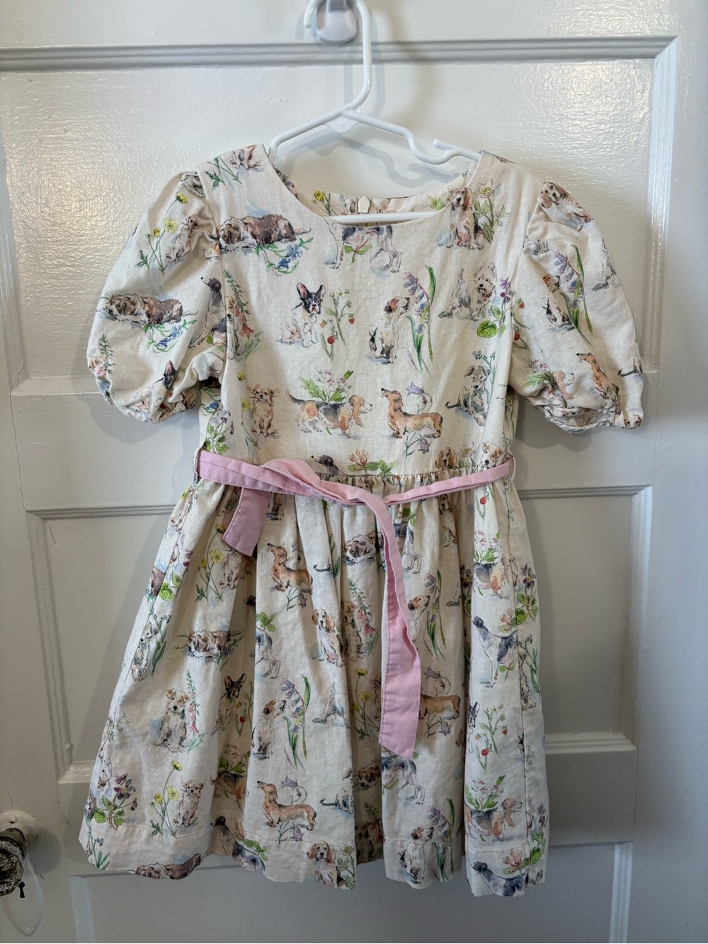 Mini Boden Cream Dress with Puppy & Floral Print and Pink Sash